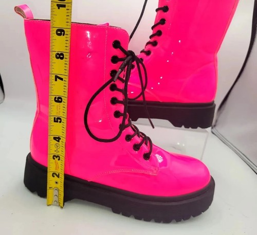 Neon Hot Pink Black Patent Leather Combat Platform Boots Sz 9 Rave Party Shiny - Picture 7 of 24