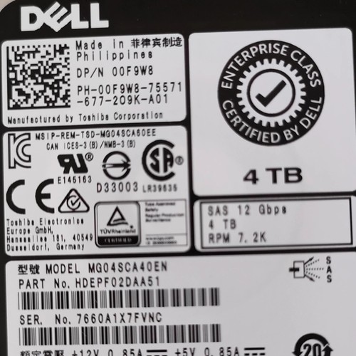 4TB Dell 0F9W8 SAS 7.2K 3.5 HDD MG04SCA40EN HDEPF02DAA51 Hard Drive - Picture 2 of 3
