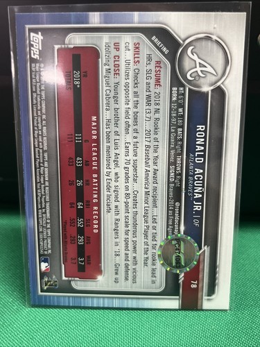 Béisbol Topps Bowman 2019 Ronald Acuña Jr - autografiado - Imagen 3 de 6