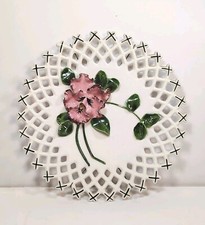 Vintage 3D Capodimonte Floral W/Green Leaves Open Lattice 10" Plate Wall Decor