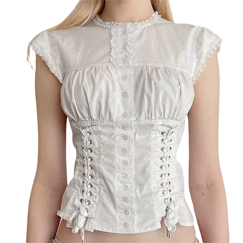 y2k White Crop Top Button Ruffle Trim Tie up Short Sleeve T Shirt Women Bandage