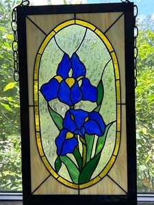 24x13.5 inch Vintage Style Iris Stained Glass Window Hanging Suncatcher Panel
