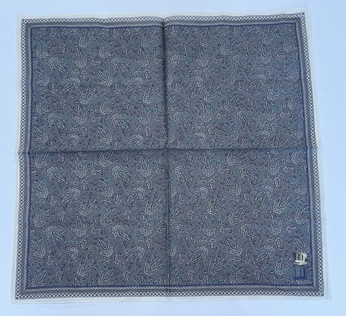 MEN HANDKERCHIEF VINTAGE DUNHILL BLUE PAISLEYS COTTON POCKET ART SQUARE 19” - Picture 5 of 8