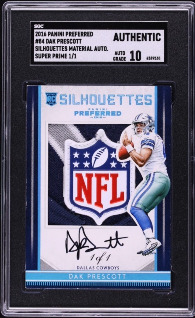 2016 Panini Preferred Silhouettes Dak Prescott RC SHIELD PATCH AUTO 1/1 SGC view 1