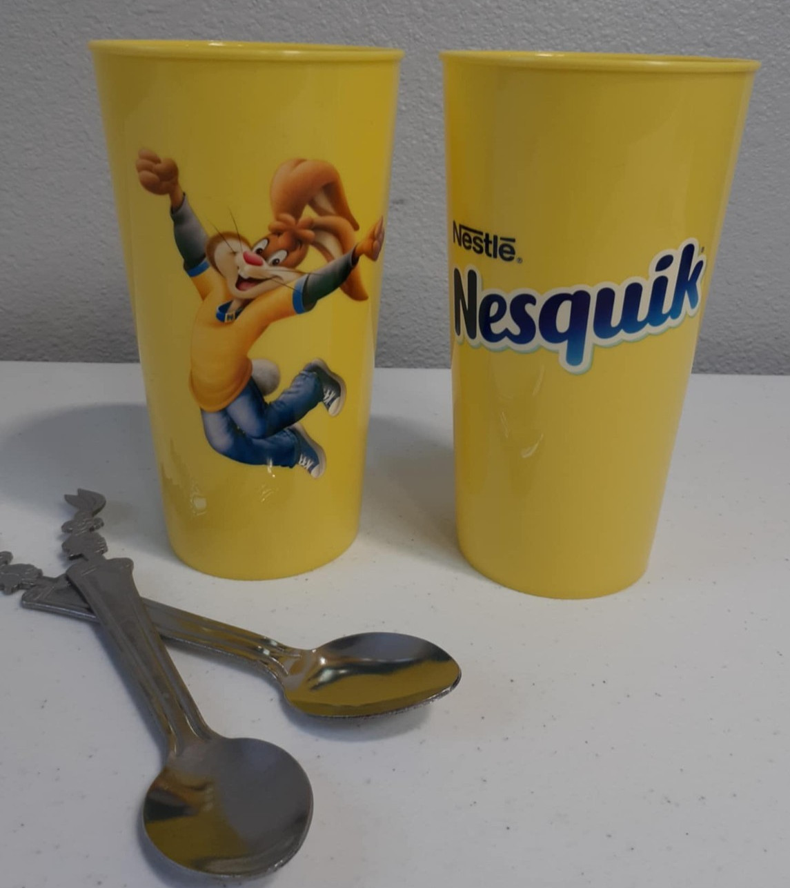 Nestle Nesquik Yellow Tumbler Set of 2 with Stainless Spoons Rabbit Print