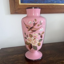 Victorian Bristol Pink Opaline glass Hand Painted Bird And Flower Mantle Vase ??