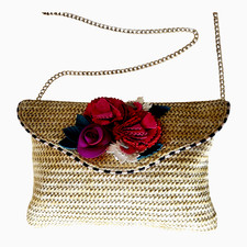 Betsey Johnson Straw Handbag with Flowers Purse Gold Chain Spring
