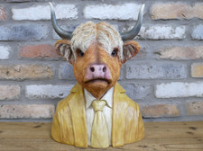 Quirky Large Rustic Highland Cow Bust Ornament Statue Figurine Sculpture