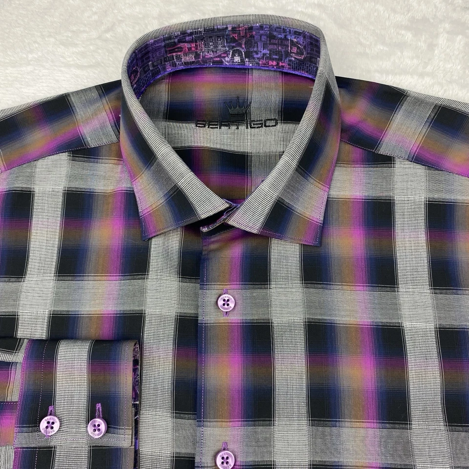 BERTIGO платье рубашка мужская большой (4) фиолетовый/серый чеки контрастная отделка - Изображение 2 из 4