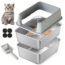 Stainless Steel Sifting Litter Box for Pine Pellets, Sifting Cat Litter Box w...