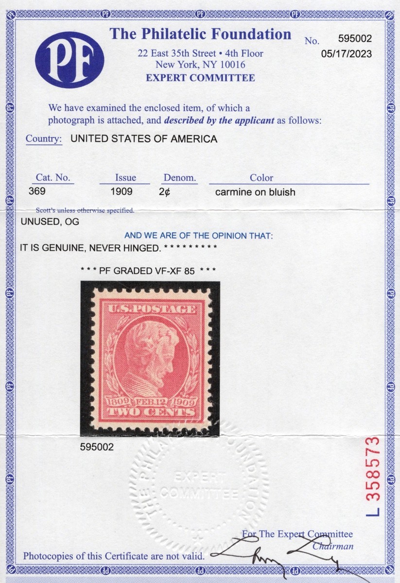 U.S. (Scott 369) 2¢ Lincoln on Bluish Paper, Mint-OG-NH, PF Graded  display picture 1