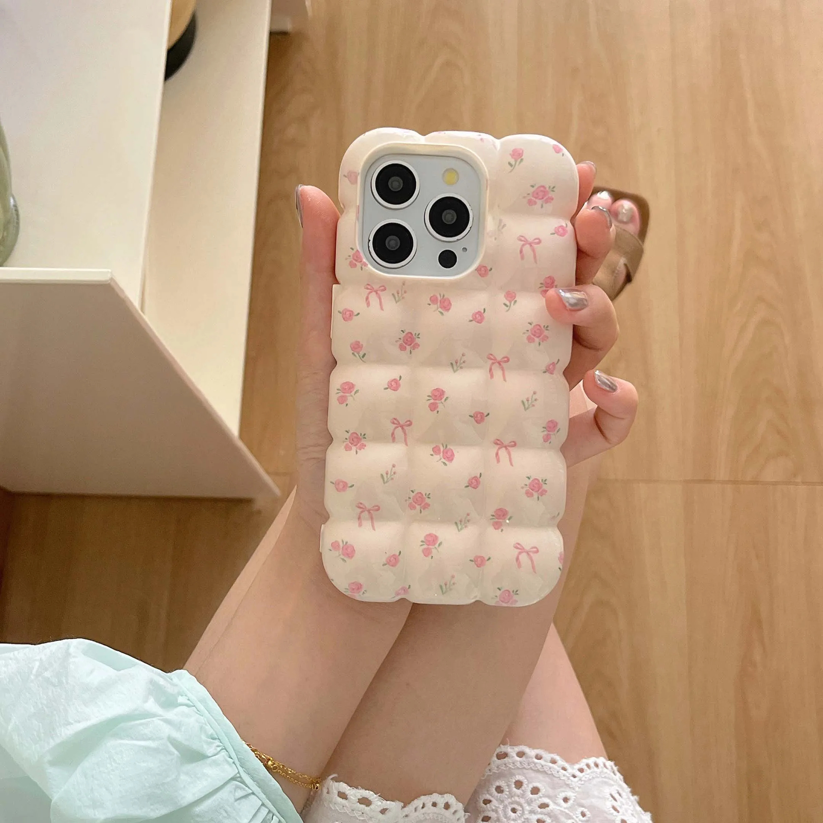 Pink Floral Spring Cute Bread Bow Phone Case For Iphone 12 13 14 15 16 Pro Max