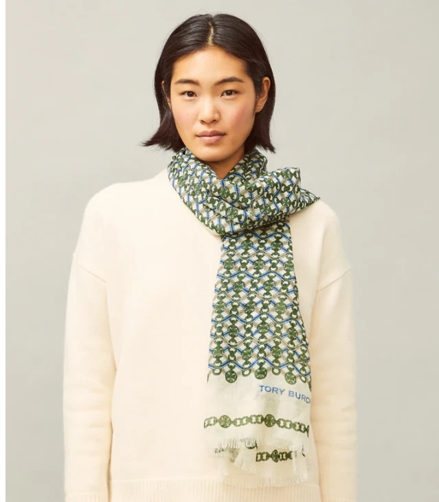 TORY BURCH CINTA MEDALLÓN GEMINI Bufanda Larga Fina 75"x30" Verde Marfil (Nuevo) Foto 2 de 4