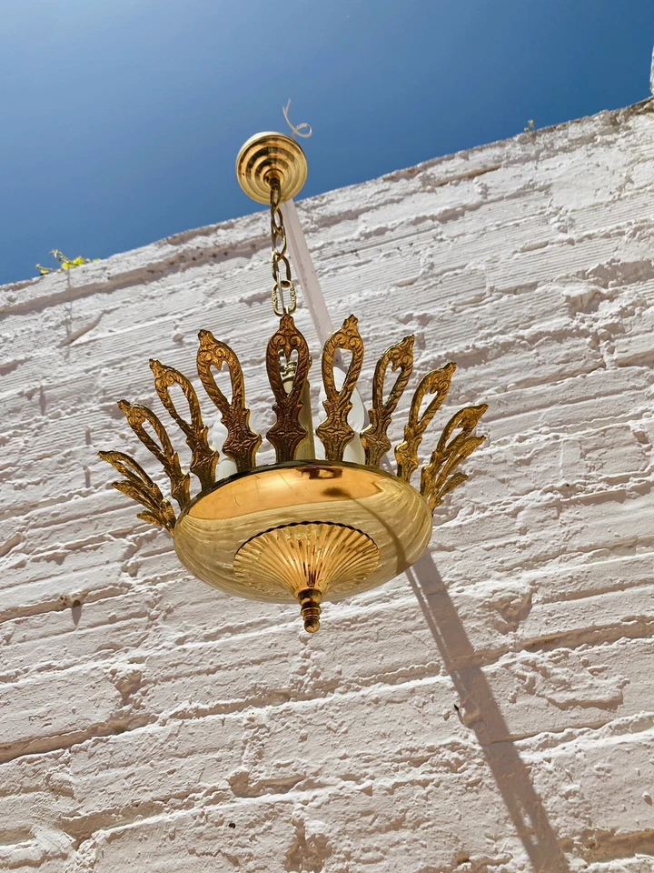 Petite Antique Brass Spanish Chandelier Gold Colonial 3 Lights, 23" L x 12 W" - Image 2 of 4