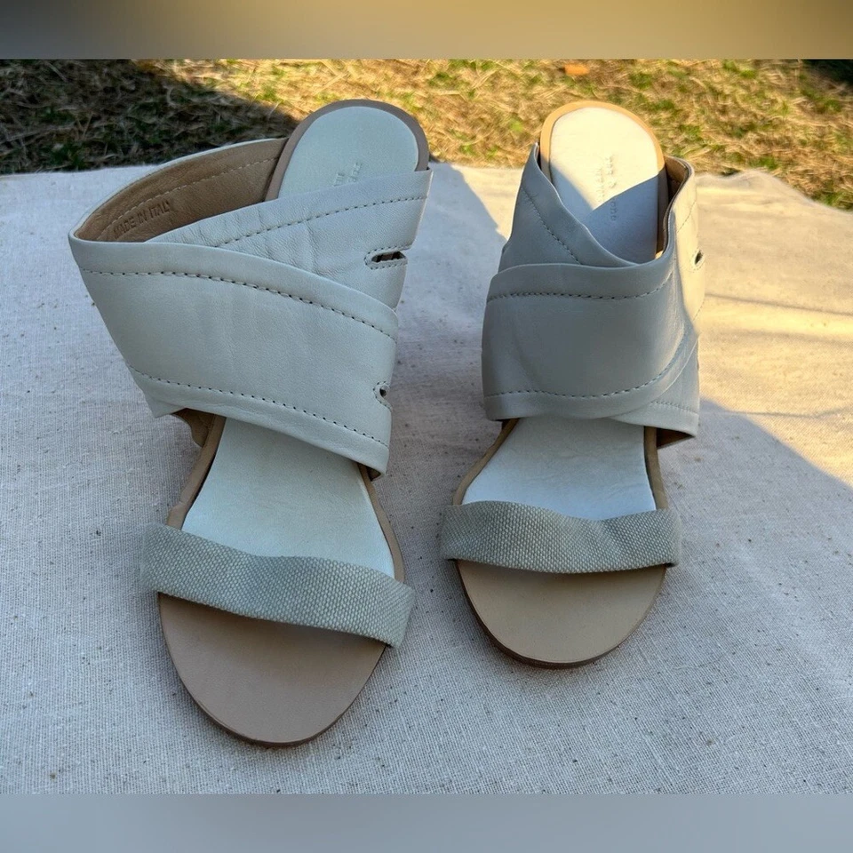NWT rag & bone leather/fabric white/beige wedge slip on sandal Stacked Wood Heel - Image 2 of 4