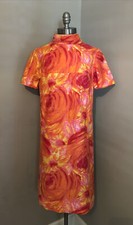 Vintage 60s Mod Floral Shift Dress Stand Up Collar Optional Belt Pink Coral S