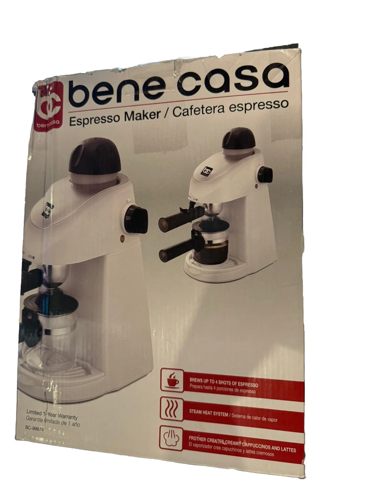 Bene Casa Black 4-cup espresso maker; milk frother, cappuccino