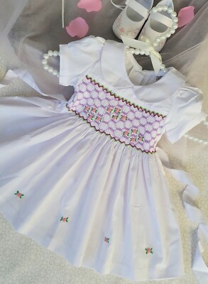 White Hand-Smocked Embroidered Baby Girl Dress. Celebration Dress. Sunday Dress.
