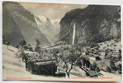 Postcard Lauterbrunnen canton of Bern, village with Staubbach, waterfall around 1910