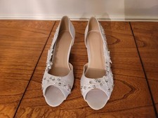 NEW white 2" Open Toe Satin Ribbon bridal low heels wedding shoes size 7.5