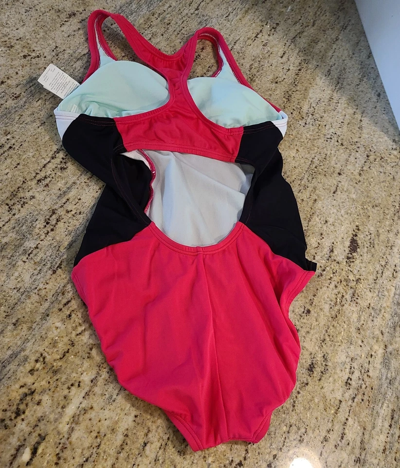 Nike Girls  Sz 8 One Piece Swim Suit Padded Racer Back Pink Black White - Image 3 of 4