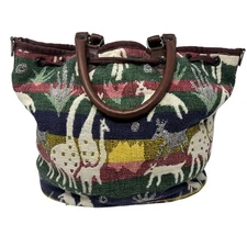Woven Safari Scene Purse Blue Red Yellow Green Vintage Fabric Top Handle