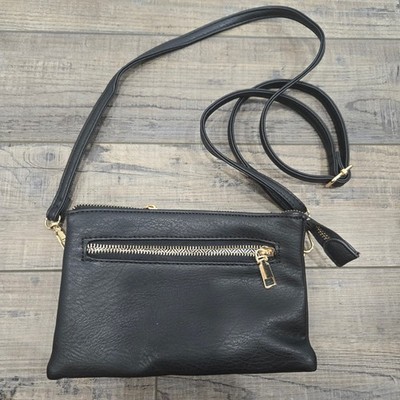 Black Faux Leather Crossbody Bag Gold Hardware Multi-Pocket Travel Minimalist
