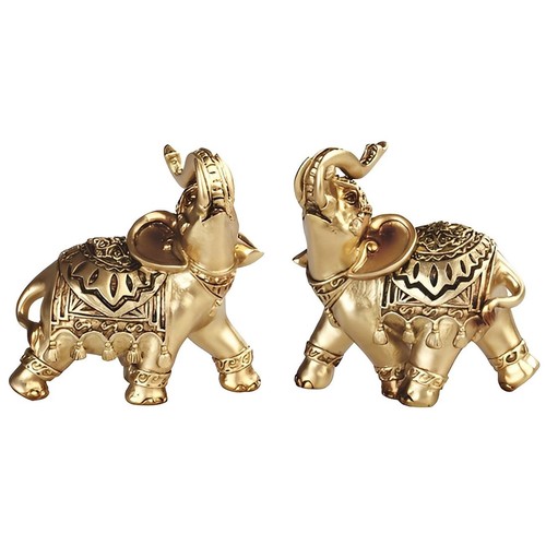 2-PC Miniature Gold Elephant with Tattoo 3.5" H Statue Decoration Figurine Set