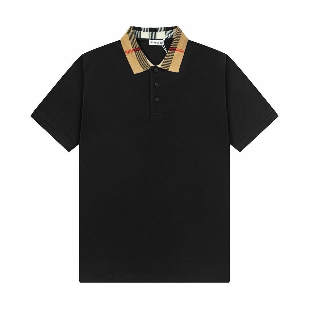Burberry Men’s Black Solid Polo Shirt L Short Sleeve Button, Check Collar