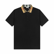 Burberry Men  s Black Solid Polo Shirt L Short Sleeve Button, Check Collar