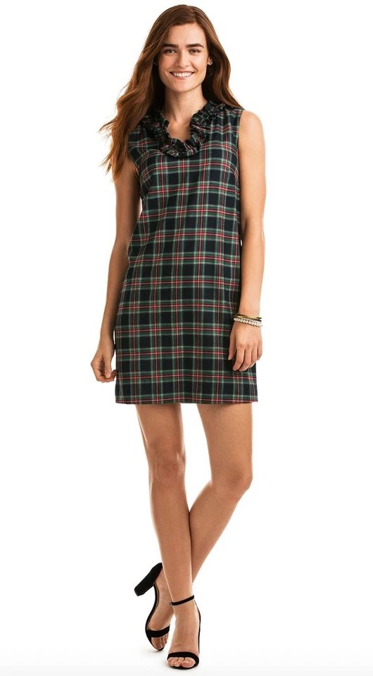 Vineyard Vines Women’s Tartan Plaid Ruffle V Neck Sleeveless Shift Dress EUC B9 - Image 2 of 4