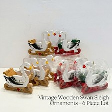 Vintage 80s Wooden Swan Sleigh Christmas Ornaments Lot of 6 Painted Folk Art