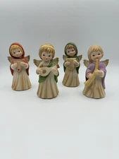 Vintage Lefton Hand Painted Bisque Christmas Angels W/harp, Horn, Heart, Flute