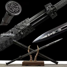 41'' All Black Chinese Jian Double Edged Dragon Sword 1095 Carbon Steel Blade
