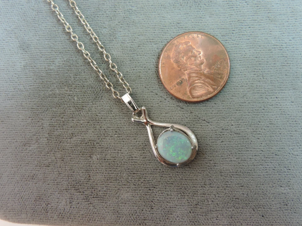 Blu Verde Fiery Opale Pendente Solitario 18 " Color Argento Catenina CD 35.12 - Immagine 3 di 4