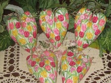 Cottage Decor 5 Tulip Fabric Hearts Tree Ornaments Wreath Accents Handmade Gift