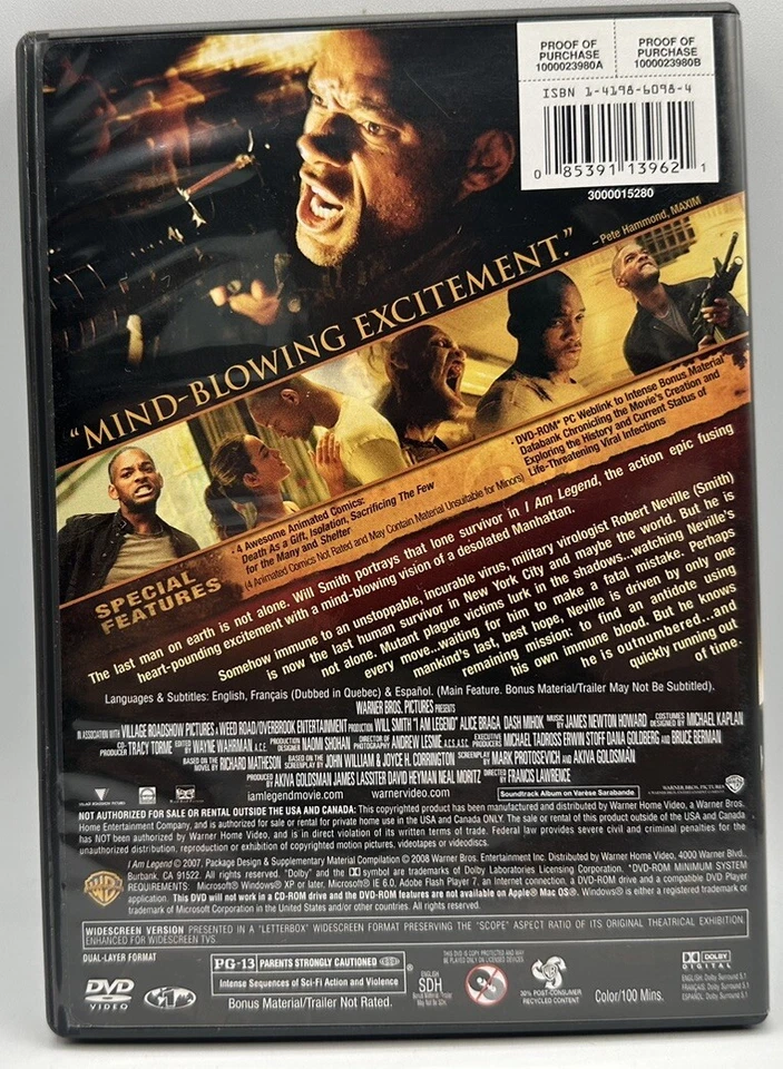 I Am Legend DVD Widescreen Will Smith Alice Braga Dash Mihok 2008 - Image 2 of 3