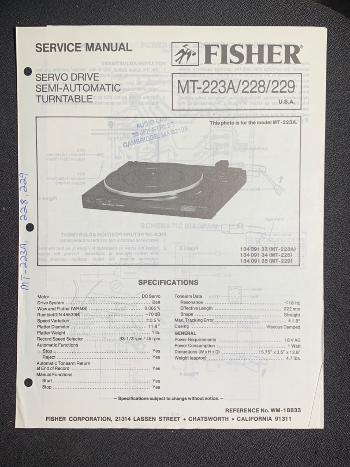 Fisher MT-223A/228/229 Semi Auto Turntable Service Manual Original