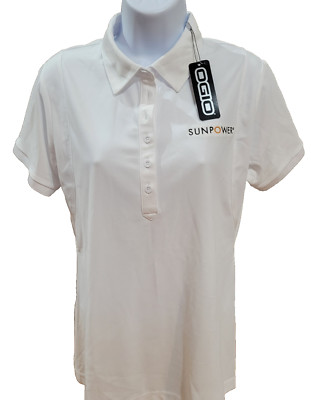 OGIO Polo Shirt Womens Medium White Short Sleeve Athletic Golf Sunpower Logo NWT