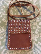 Most Wanted Usa Tan Leather Studs & Stones Mini Crossbody Purse Bag-new