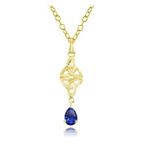 Authentic Celtic Trinity Knot Teardrop Created Sapphire Necklace in Gold Plated 925 Silver