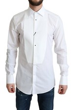 DOLCE & GABBANA Shirt GOLD White Bib Cotton Poplin Men Formal 37/US14.5/XS $1300