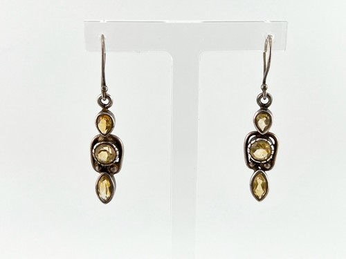 Vintage Silver Citrine Earrings 925 Sterling Triple Gemstone Dangle Pierced - Picture 5 of 18