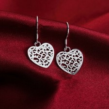 Womens 925 Sterling Silver Elegant Filigree Heart Drop Dangle Earrings E363