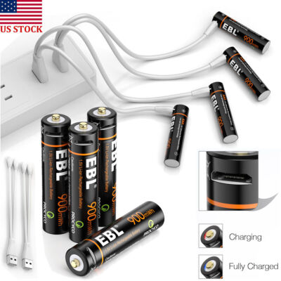 4 x EBL 900mWh USB Rechargeable Li-ion AAA Batteries 1.5V +4 in 1 Charging Cable