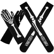 2 Pair Bone Skull Glove Kids Halloween Costume Costumes for Black Long Gloves