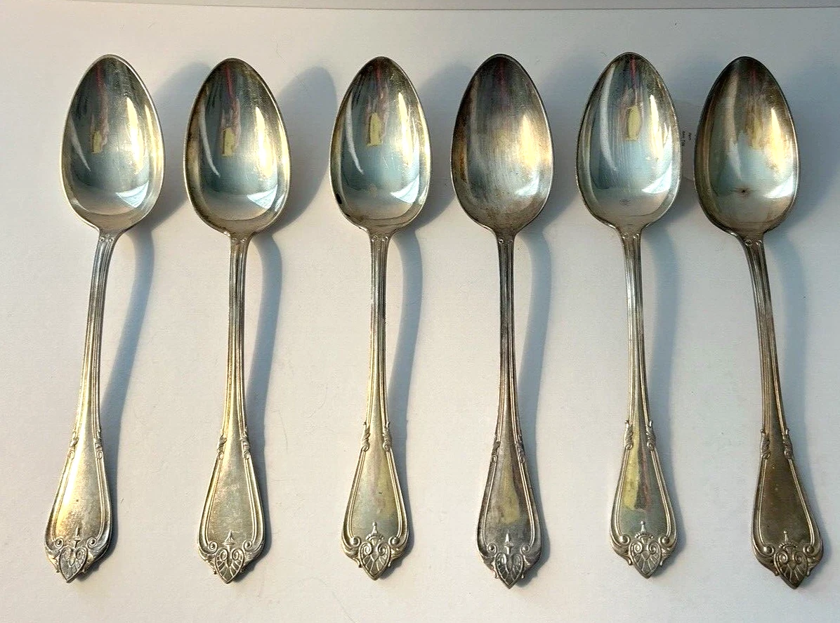 Set of 6 Antique Silver Plate Large Serving Spoons from Sweden