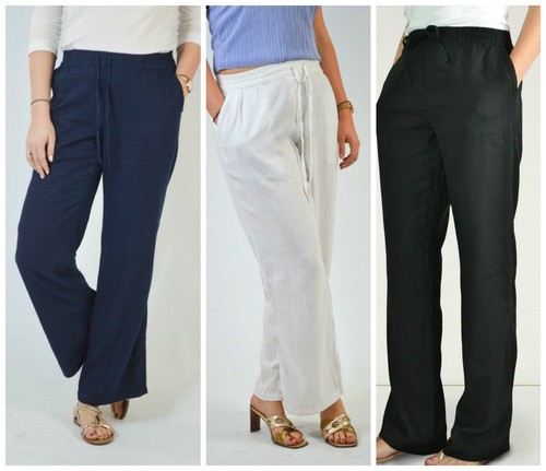 Linen Blend Womens Trousers Elasticated 
