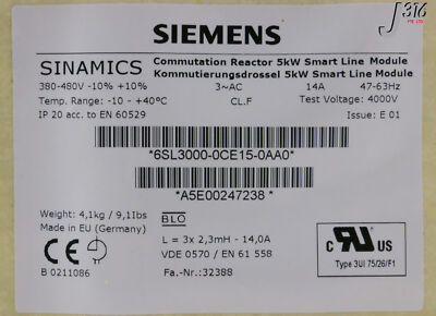 33638 SIEMENS LINE REACTOR, SMART LINE MODULE, 5KW (NEW) 6SL3000