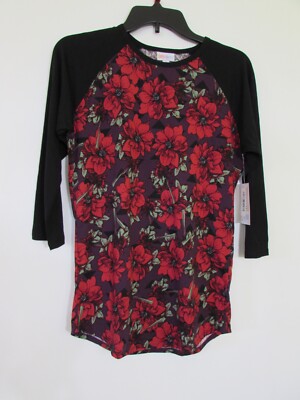 NEW LulaRoe RANDY Shirt Baseball Tee S Small Red Flowers Body Black Sleeves
